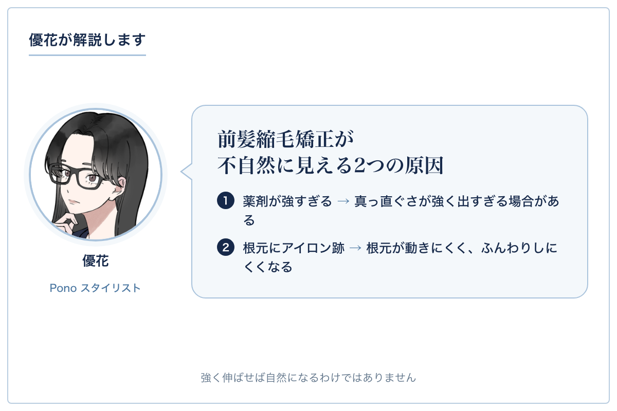 前髪縮毛矯正が不自然に見える2つの原因を示す図。薬剤が強すぎると真っ直ぐさが強く出すぎる場合がある。根元にアイロン跡がつくと根元が動きにくくふんわりしにくくなる。強く伸ばせば自然になるわけではない