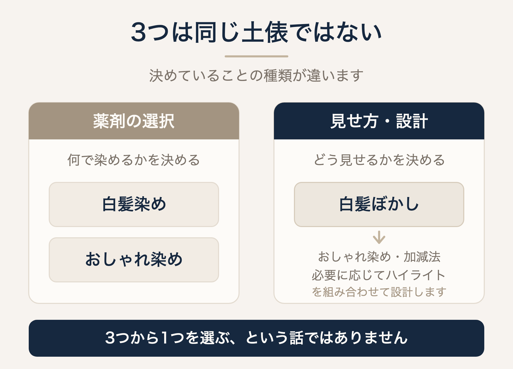 薬剤の選択と見せ方の設計という役割の違いを示した図