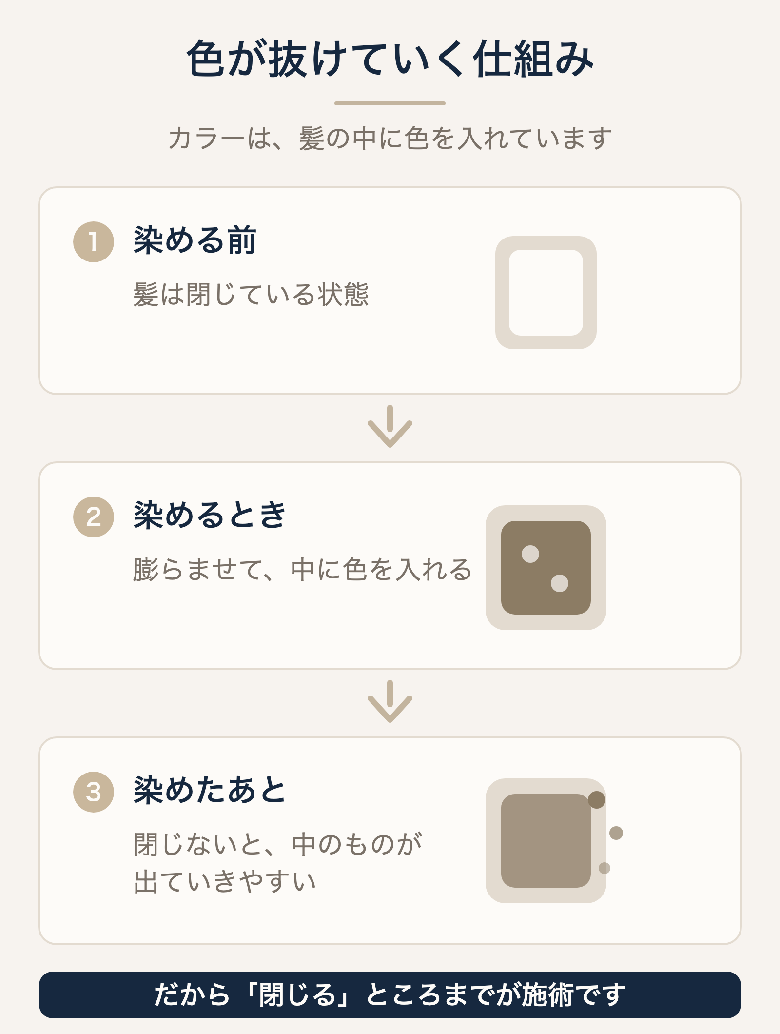 カラーの色が抜けていく仕組みを、染める前・染めるとき・染めたあとの3段階で示した図