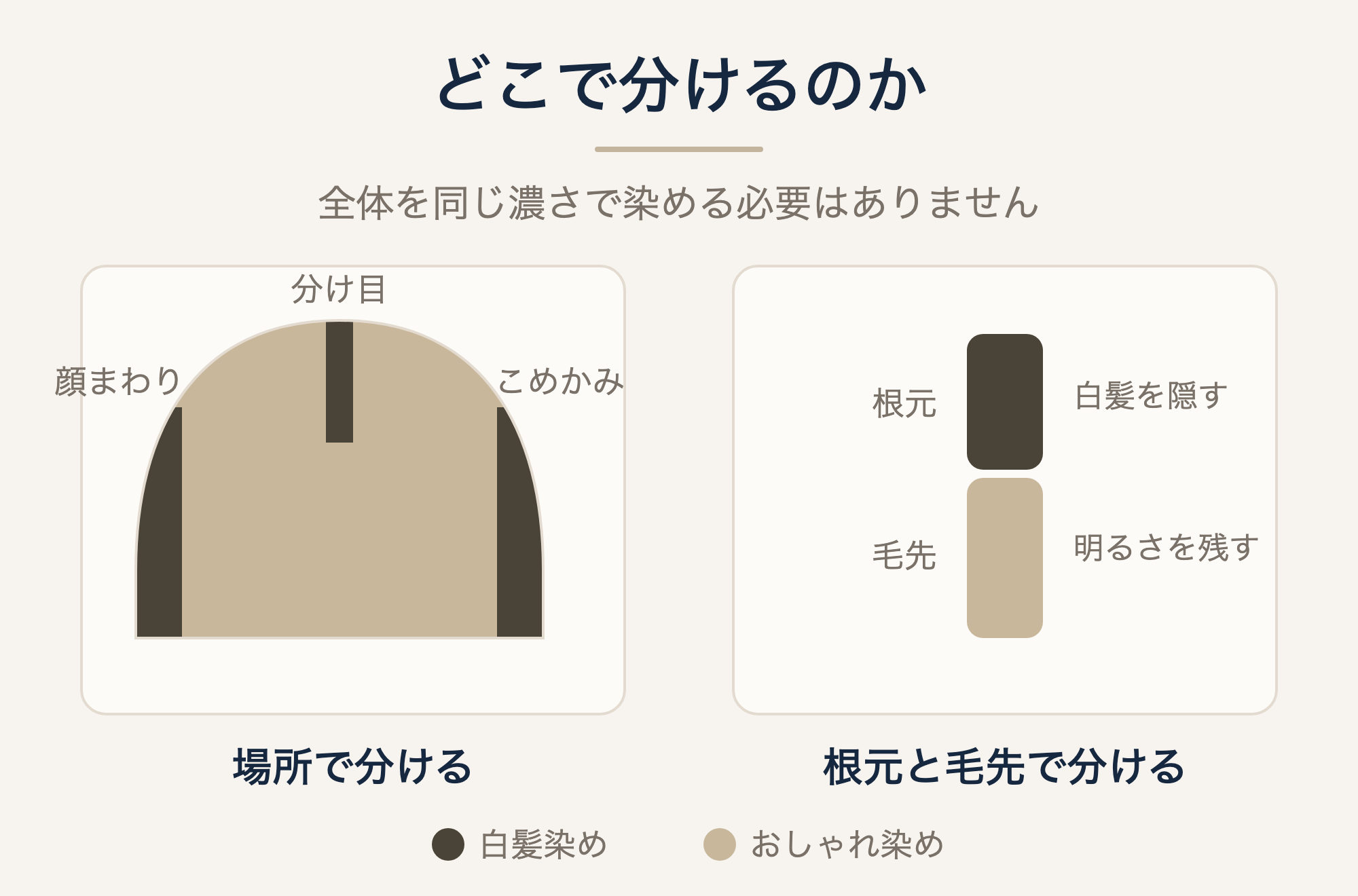 場所で分ける場合と根元と毛先で分ける場合の塗り分けを示した図