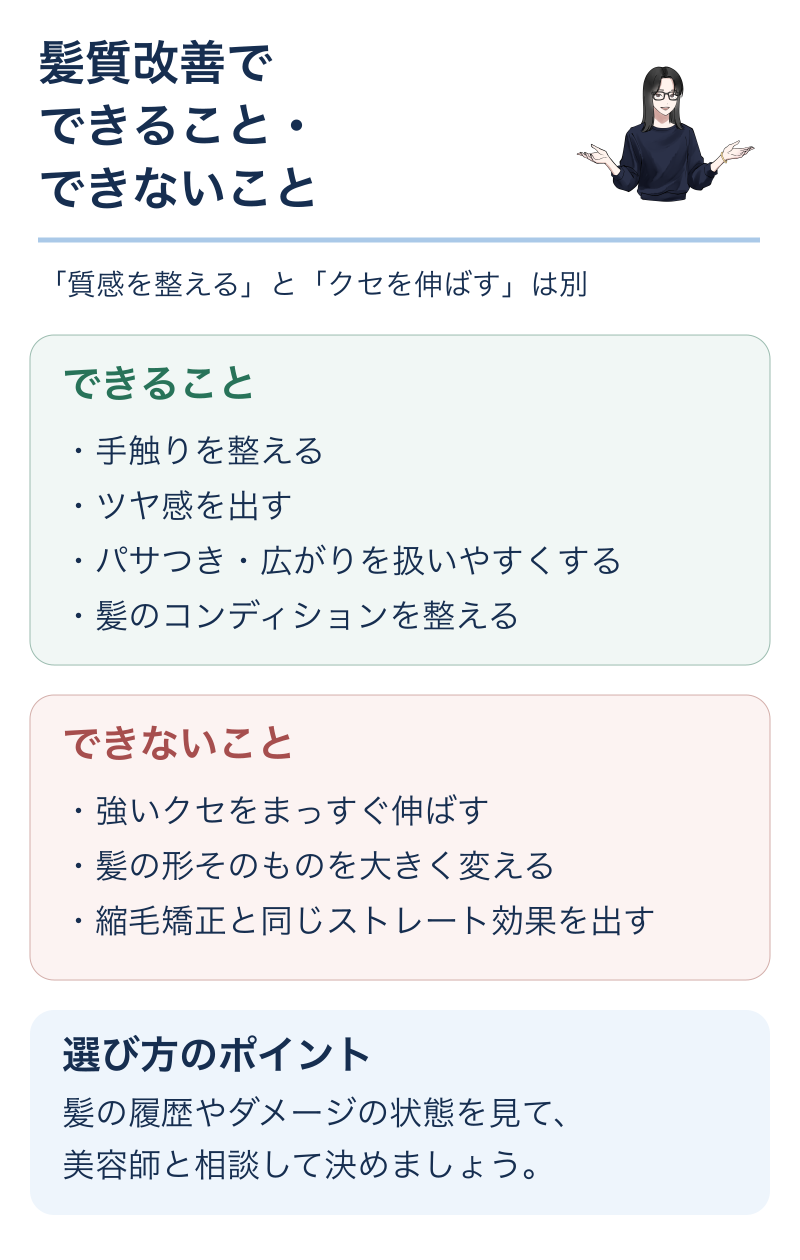 髪質改善でできることは手触り・ツヤ・まとまりのケア。強いクセを伸ばすことや縮毛矯正と同じ効果は目的が違います。髪の状態を見て美容師と相談しましょう。